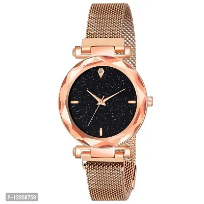 Luxury Golden Magnetic Strap Watch with 4 Diamonds and Black Dial-thumb0