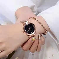 Luxury Golden Magnetic Strap Watch with 4 Diamonds and Black Dial-thumb2