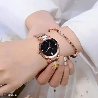 Luxury Golden Magnetic Strap Watch with 4 Diamonds and Black Dial-thumb3