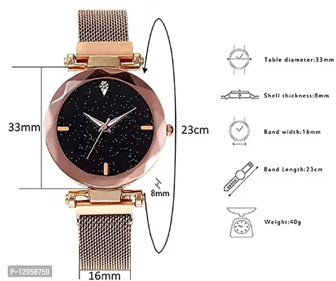Luxury Golden Magnetic Strap Watch with 4 Diamonds and Black Dial-thumb4