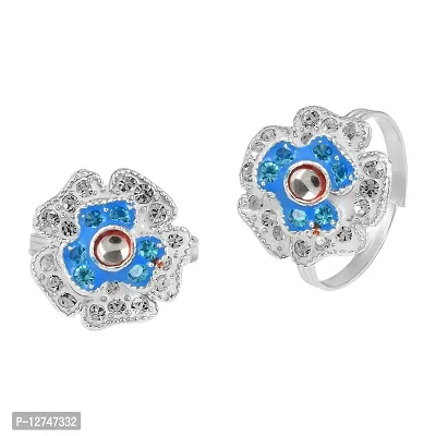 ADMIER Silver Plated Brass Flower Shape CZ Studded Blue meenakari designer adjustable Toering For Girl Women(ACTR0155-A)-thumb0