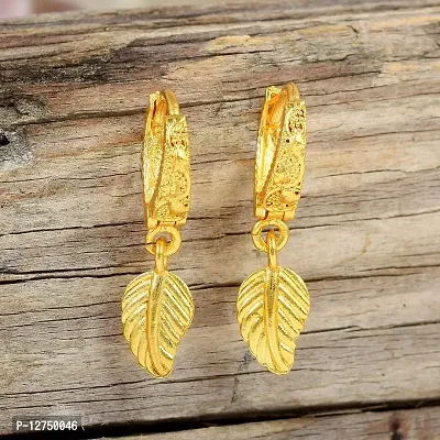 Admier Gold Plated Brass Leaf Design Hanging Hoop Bali Fashion Earrings for girl women(ACER0198)-thumb4