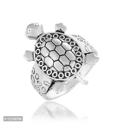 ADMIER Feng Shui Brass Antique silverplated Turtle Kachua Tortoise Finger Ring for Women