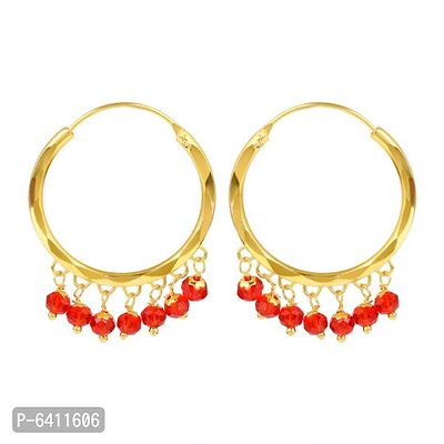 Admier Gold Plated Brass with red beads drop fashion Hoop Bali Earrrings-thumb0
