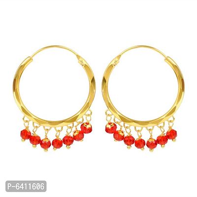 Admier Gold Plated Brass with red beads drop fashion Hoop Bali Earrrings