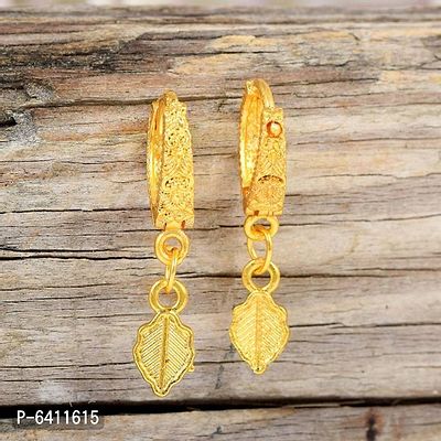 Admier Gold Plated Brass Leaf Design Hanging Hoop Bali Fashion Earrings-thumb0