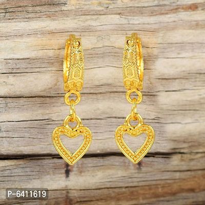 Admier Gold Plated Brass Heartshape Design Hanging Hoop Bali Fashion Earrings