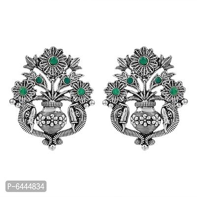 Admier Silver Oxidised flower pot Design faux emerald Studed fashion Earrings-thumb0