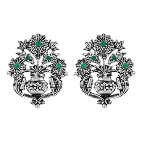 Admier Oxidised flower pot Design faux emerald Studed fashion Earrings