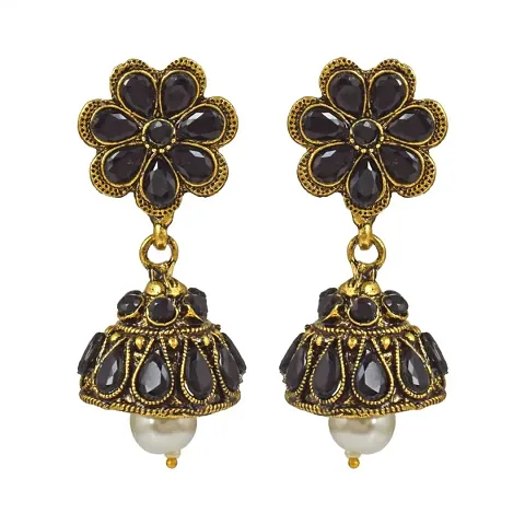 Trendy Admier Gold Plated Antique Floral Designer Stone Studed Jhumka Earrings