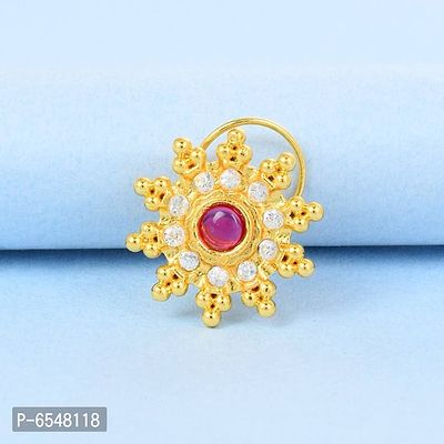 Admier Gold Plated Brass floral design cz studded Ethnic Nathaniya nosering Traditional Nath-thumb0
