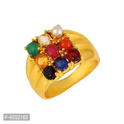 Admier Gold Plated Brass square design 9 Stone Navratan Stone Free Size Fashion Ring-thumb0