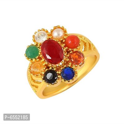 Admier Gold Plated Brass oval design 9 Stone Navratan Stone Free Size Fashion Ring