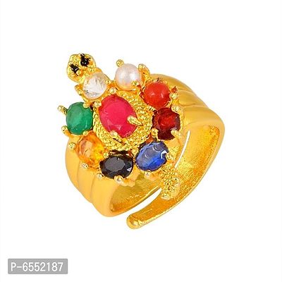 Admier Gold Plated Brass tortoise design 9 Stone Navratan Stone Free Size Fashion Ring