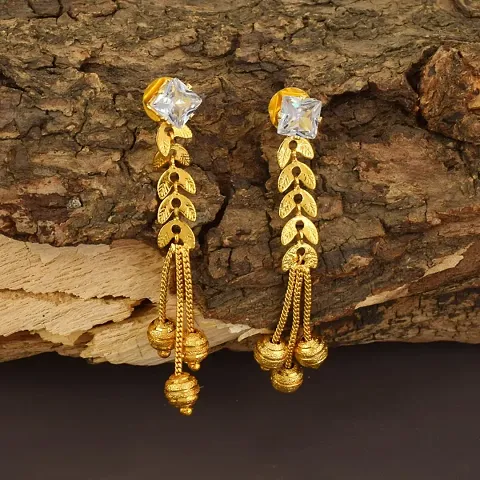 Gold Plated Brass Studded with ball drop stud Cum Dangle Earrings