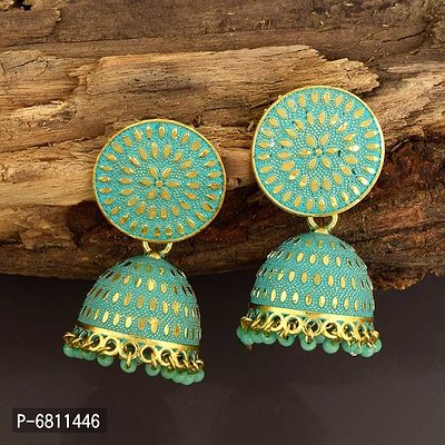 Admier gold plated Fashion Bollywood beads Hangings green Meenakari jhumka Jewellery-thumb0