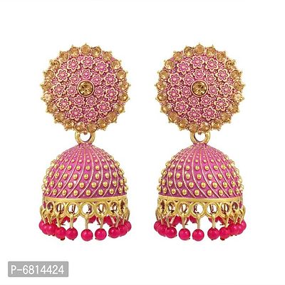 Admier gold plated cz studded beads Hangings magenta Meenakari jhumka-thumb0