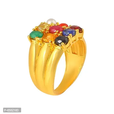 Admier Gold Plated Brass square design 9 Stone Navratan Stone Free Size Fashion Ring-thumb2