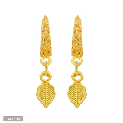 Admier Gold Plated Brass Leaf Design Hanging Hoop Bali Fashion Earrings-thumb4