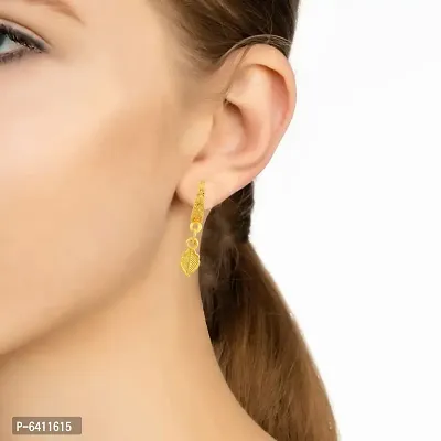 Admier Gold Plated Brass Leaf Design Hanging Hoop Bali Fashion Earrings-thumb2