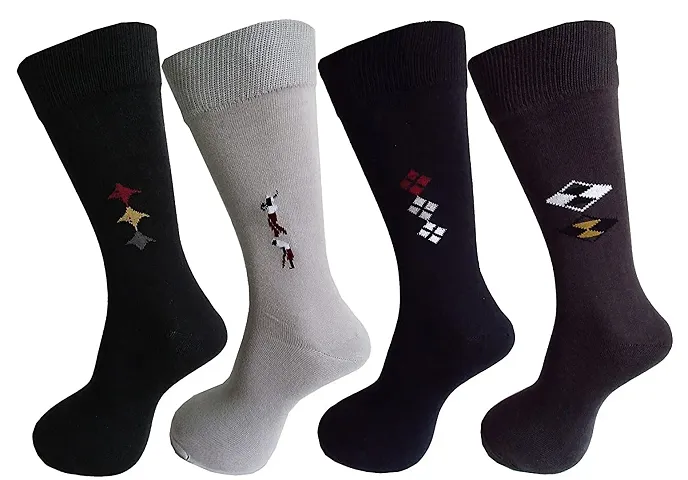 TENDSY Men's and Boy's Premium Full Length Socks, Mid Calf Length Socks, Formal Socks, Office Socks (Pack of 4 Pairs, and Mix Designs)