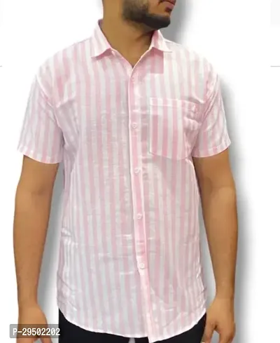 Stylish Pink Khadi Cotton Short Sleeves Shirt For Men-thumb0