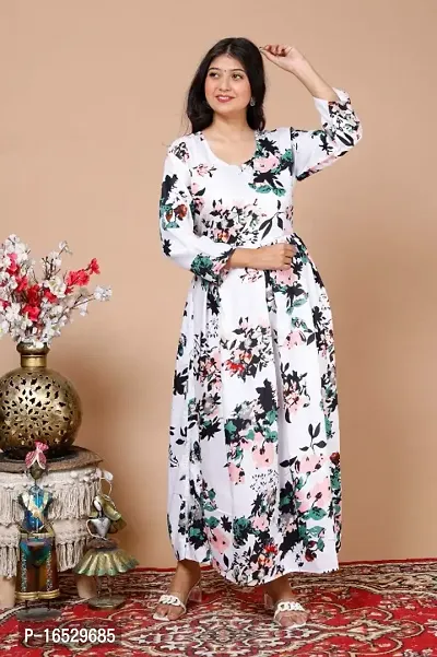 Women's Anarkali Kurti | White Flared Gown | Rayon Printed Long Dress