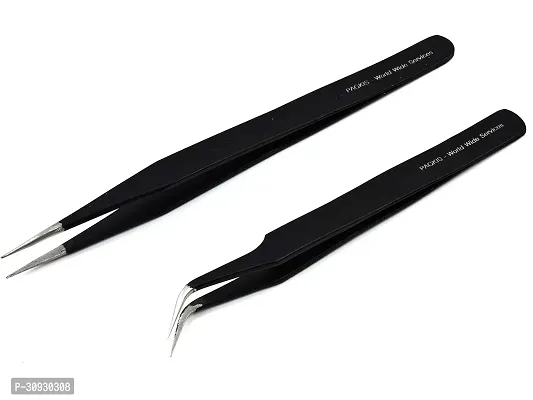 PagKis Set of 2 Black Coated Stainless Steel Tweezers Straight Curved-thumb0