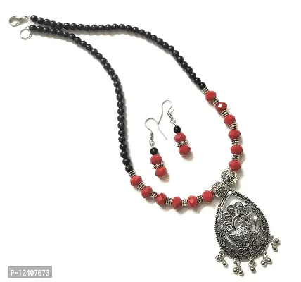 Itsy Bitsy Kolkata Handmade German Silver Black/Red Beaded Peacock Pendent Necklace/Jewellery Set-thumb0