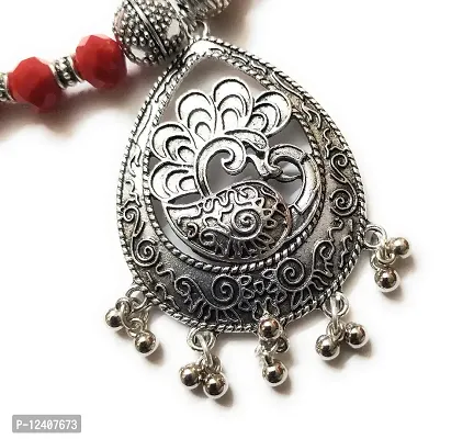 Itsy Bitsy Kolkata Handmade German Silver Black/Red Beaded Peacock Pendent Necklace/Jewellery Set-thumb3