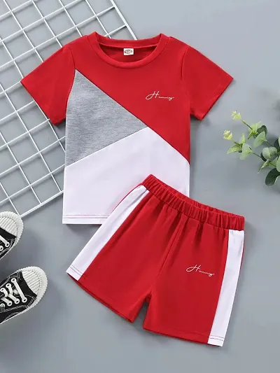 Trendy Blend Colourblocked T-Shirts with Shorts For Boys