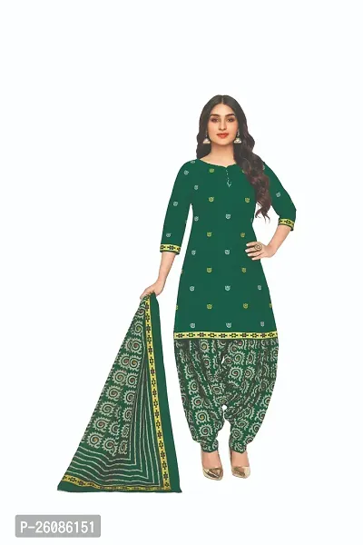 Elegant Green Cotton Printed Dress Material with Dupatta For Women