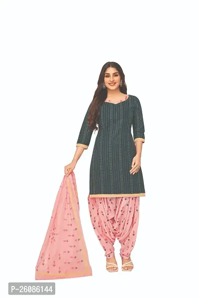 Elegant Green Cotton Printed Dress Material with Dupatta For Women-thumb0