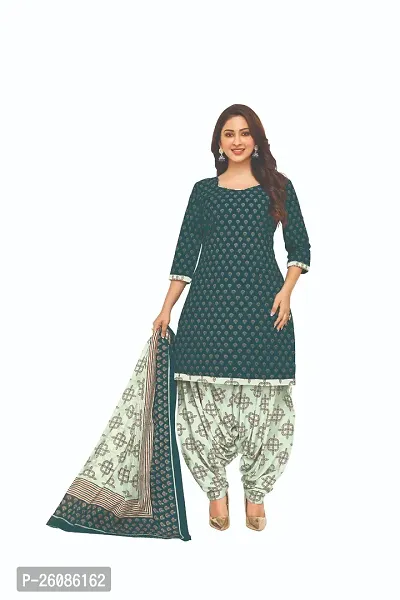 Elegant Turquoise Cotton Printed Dress Material with Dupatta For Women-thumb0