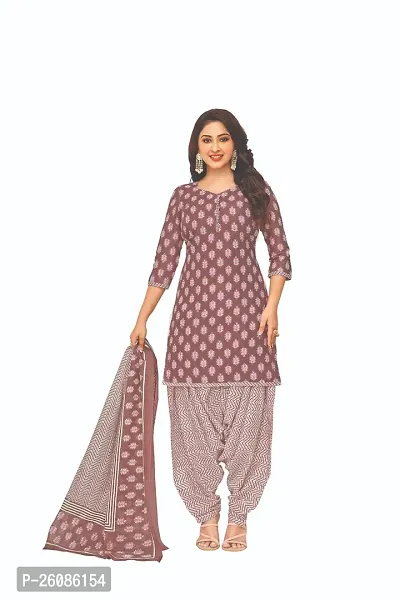 Elegant Brown Cotton Printed Dress Material with Dupatta For Women-thumb0