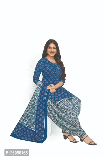 Elegant Blue Cotton Printed Dress Material with Dupatta For Women-thumb0