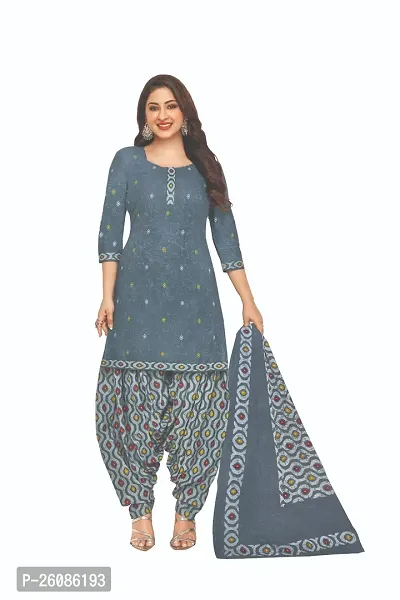 Elegant Grey Cotton Printed Dress Material with Dupatta For Women