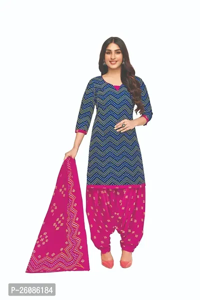 Elegant Blue Cotton Printed Dress Material with Dupatta For Women