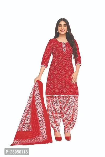 Elegant Red Cotton Printed Dress Material with Dupatta For Women-thumb0