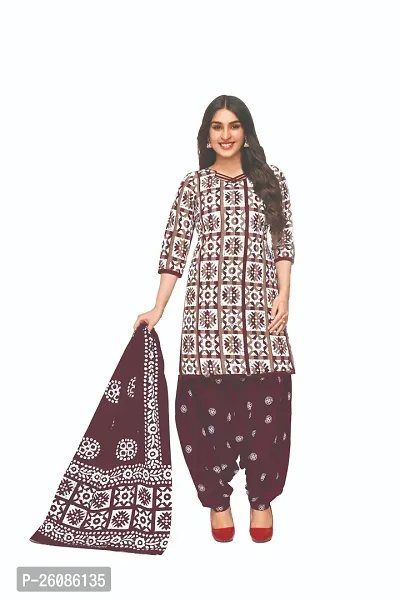 Elegant Brown Cotton Printed Dress Material with Dupatta For Women-thumb0