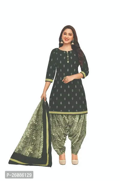 Elegant Black Cotton Printed Dress Material with Dupatta For Women