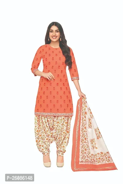 Elegant Orange Cotton Printed Dress Material with Dupatta For Women-thumb0