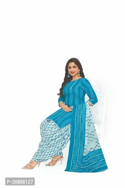 Elegant Blue Cotton Printed Dress Material with Dupatta For Women