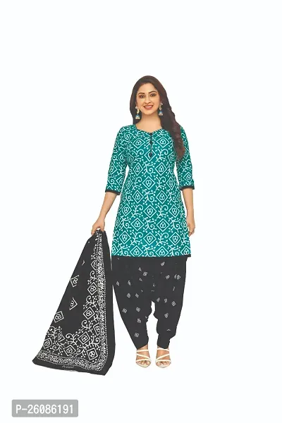 Elegant Turquoise Cotton Printed Dress Material with Dupatta For Women