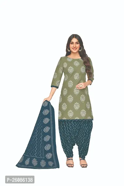 Elegant Grey Cotton Printed Dress Material with Dupatta For Women-thumb0