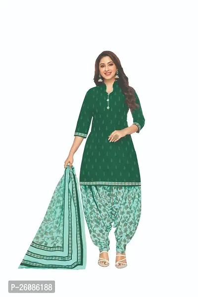 Elegant Green Cotton Printed Dress Material with Dupatta For Women-thumb0