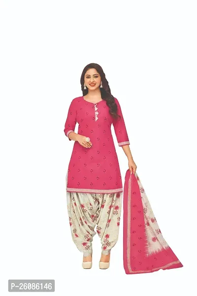 Elegant Pink Cotton Printed Dress Material with Dupatta For Women-thumb0