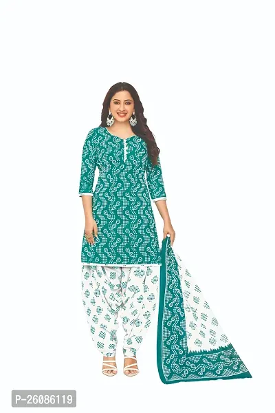 Elegant Turquoise Cotton Printed Dress Material with Dupatta For Women-thumb0