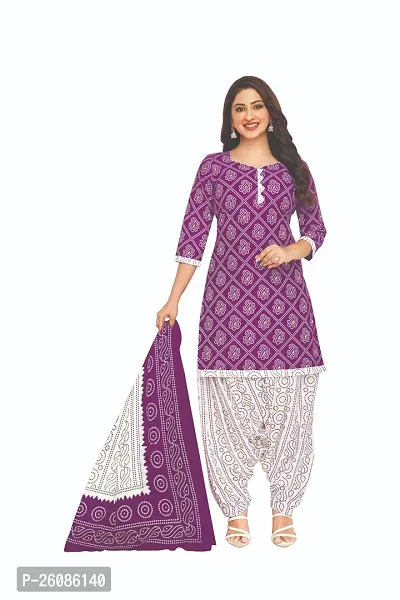 Elegant Purple Cotton Printed Dress Material with Dupatta For Women-thumb0