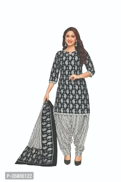 Elegant Black Cotton Printed Dress Material with Dupatta For Women